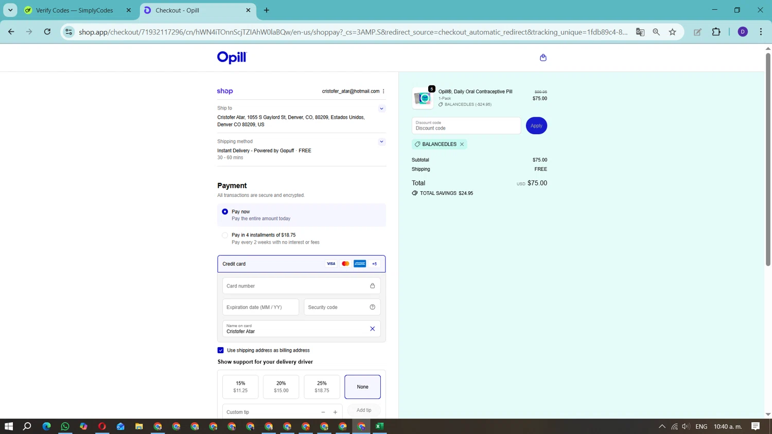 Opill discount code screenshot showing code BALANCEDLES applied at Opill checkout page. Uploaded by SimplyCodes community member Fundolaroca on Oct 30, 2025