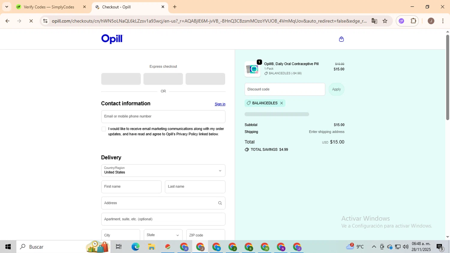 Opill discount code screenshot showing code BALANCEDLES applied at Opill checkout page. Uploaded by SimplyCodes community member ValiantHero2365 on Nov 28, 2025