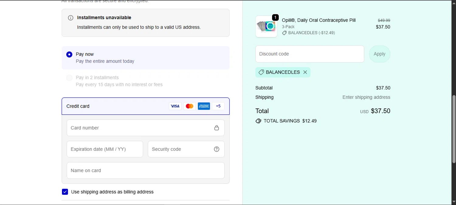 Opill discount code screenshot showing code BALANCEDLES applied at Opill checkout page. Uploaded by SimplyCodes community member noworries on Oct 1, 2025