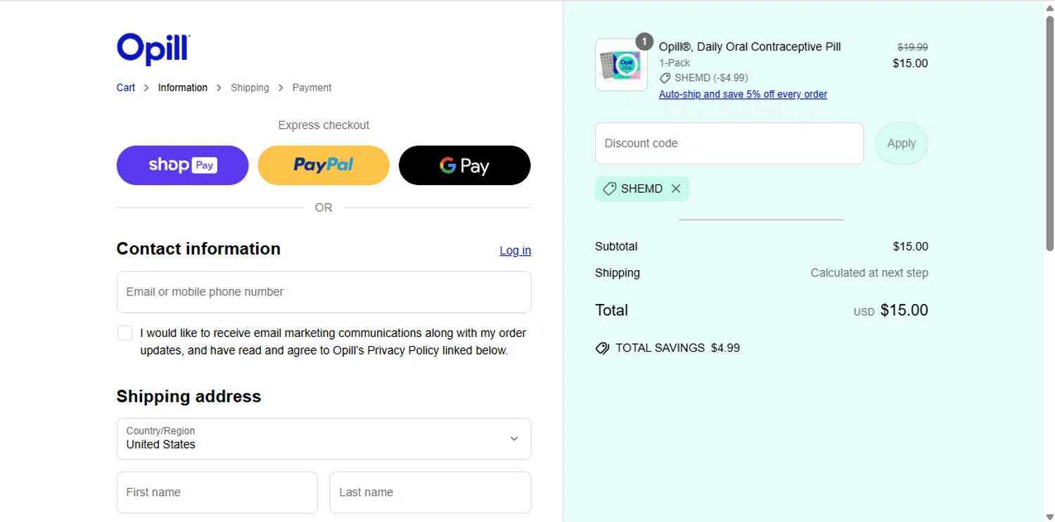 Opill discount code screenshot showing code SHEMD applied at Opill checkout page. Uploaded by SimplyCodes community member anosesmith on Jun 26, 2025