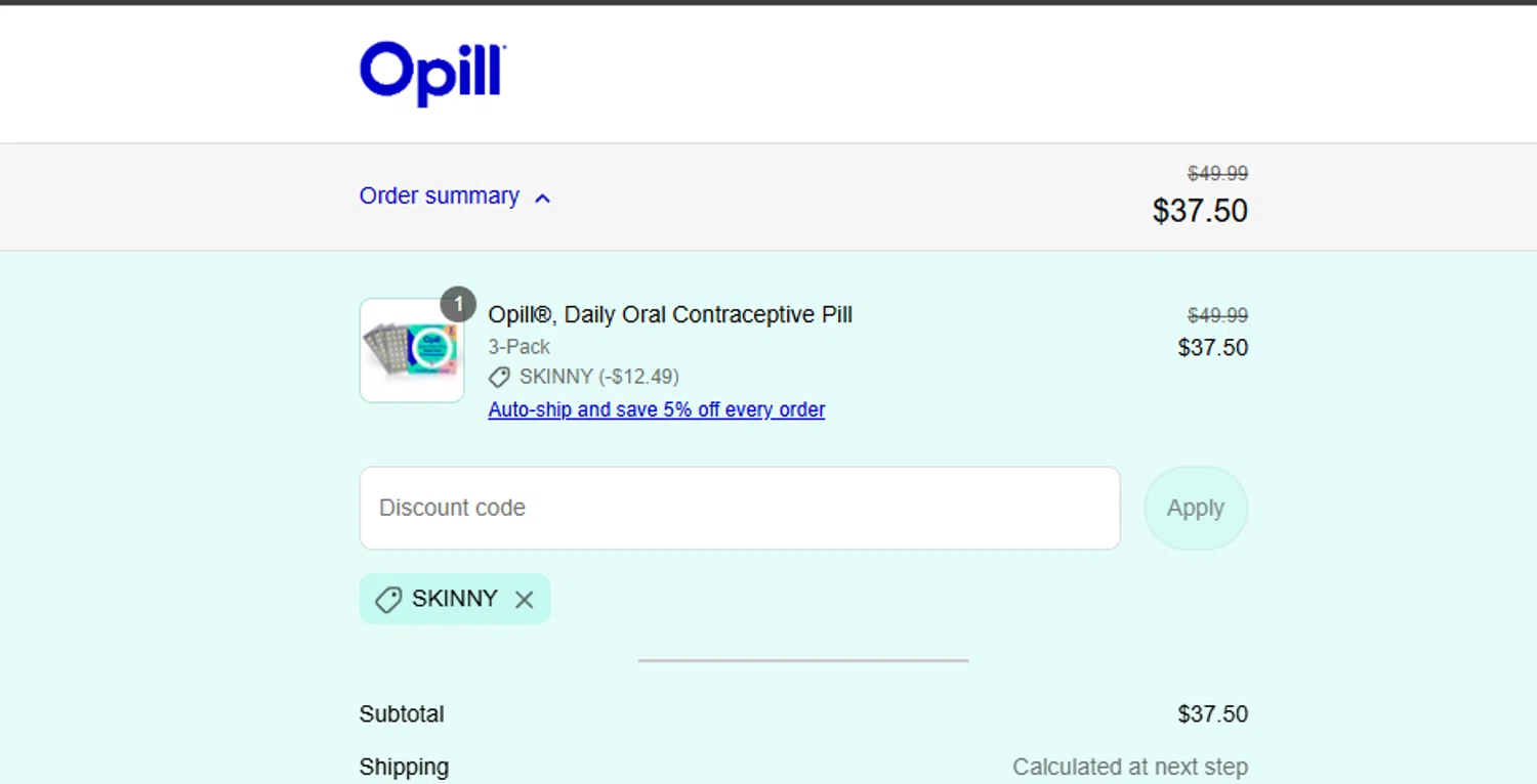 Opill discount code screenshot showing code SKINNY applied at Opill checkout page. Uploaded by SimplyCodes community member ashe1986 on Aug 4, 2025