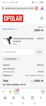 OPOLAR20 coupon verification screenshot