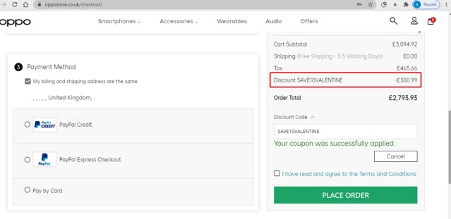 OPPO checkout page showing OPPO discount code box | Screenshot taken by SimplyCodes community member on Feb 7, 2021