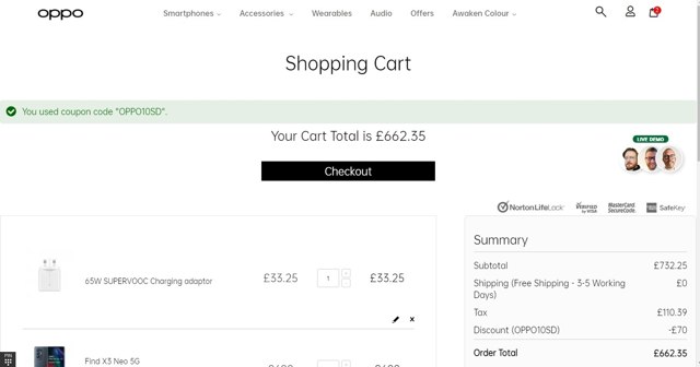OPPO checkout page showing OPPO discount code box | Screenshot taken by SimplyCodes community member on Aug 24, 2021