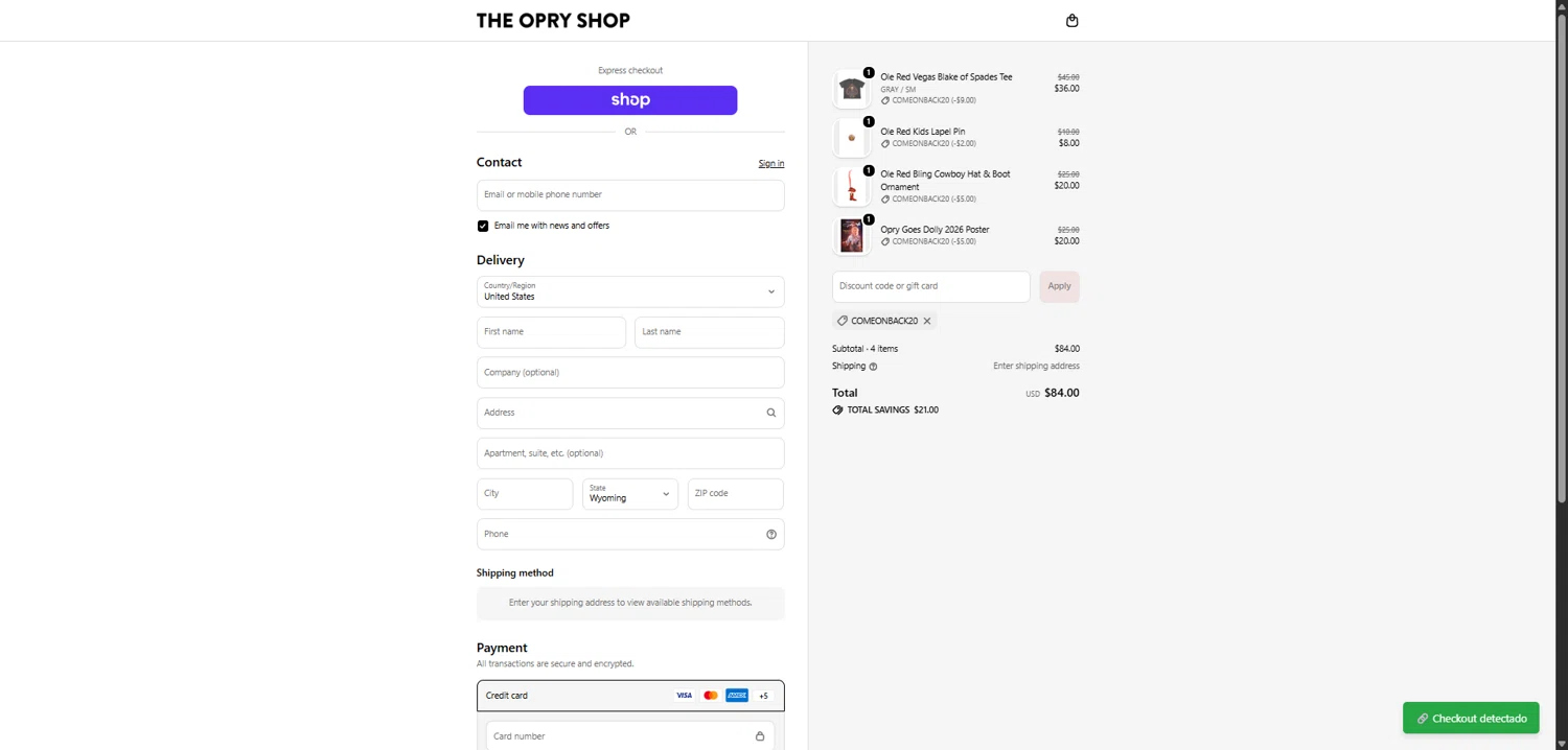 Grand Ole Opry promo code screenshot showing code COMEONBACK20 applied at Grand Ole Opry checkout page. Uploaded by SimplyCodes community member TokenFalcon7462 on Feb 7, 2026