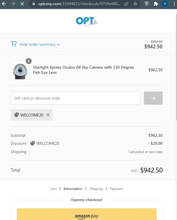 OPT Telescopes checkout page showing OPT Telescopes coupon code box | Screenshot taken by SimplyCodes community member on Feb 28, 2022
