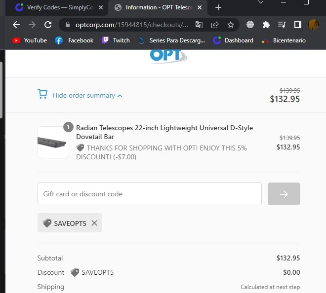 OPT Telescopes checkout page showing OPT Telescopes coupon code box | Screenshot taken by SimplyCodes community member on Mar 22, 2022
