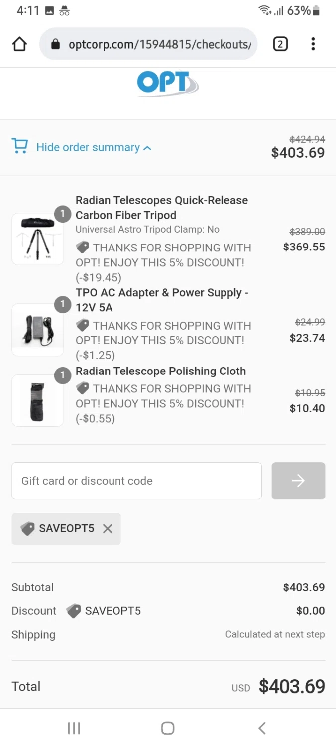 OPT Telescopes checkout page showing OPT Telescopes coupon code box | Screenshot taken by SimplyCodes community member on Apr 25, 2022