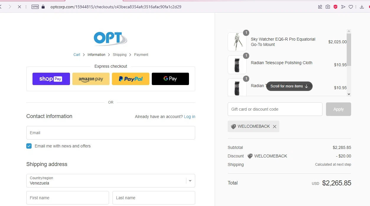 OPT Telescopes checkout page showing OPT Telescopes coupon code box | Screenshot taken by SimplyCodes community member on Jun 8, 2022