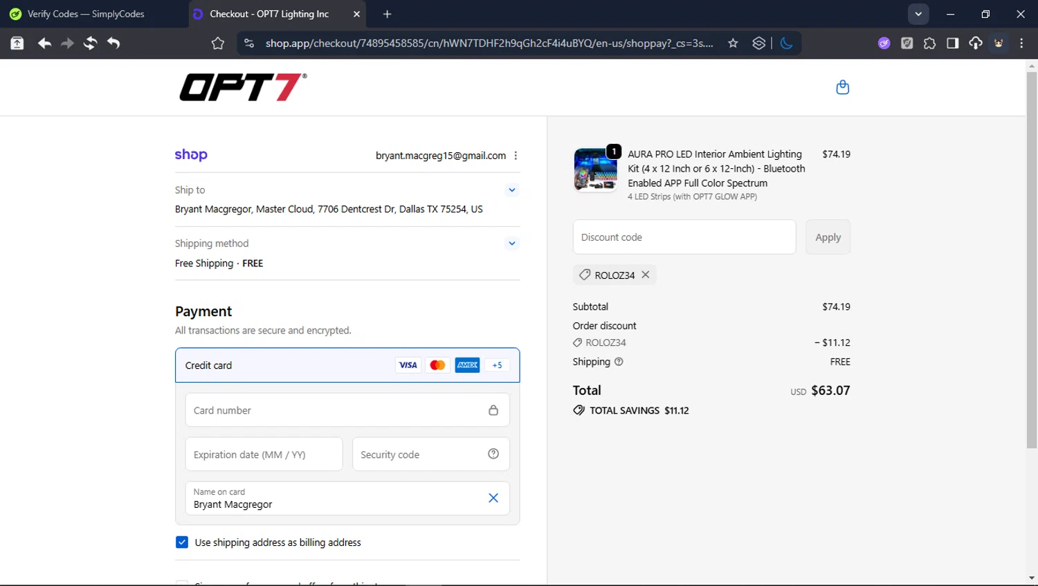 OPT7 Lighting promo code screenshot showing code ROLOZ34 applied at OPT7 Lighting checkout page. Uploaded by SimplyCodes community member USER_RANDON on Jan 11, 2026