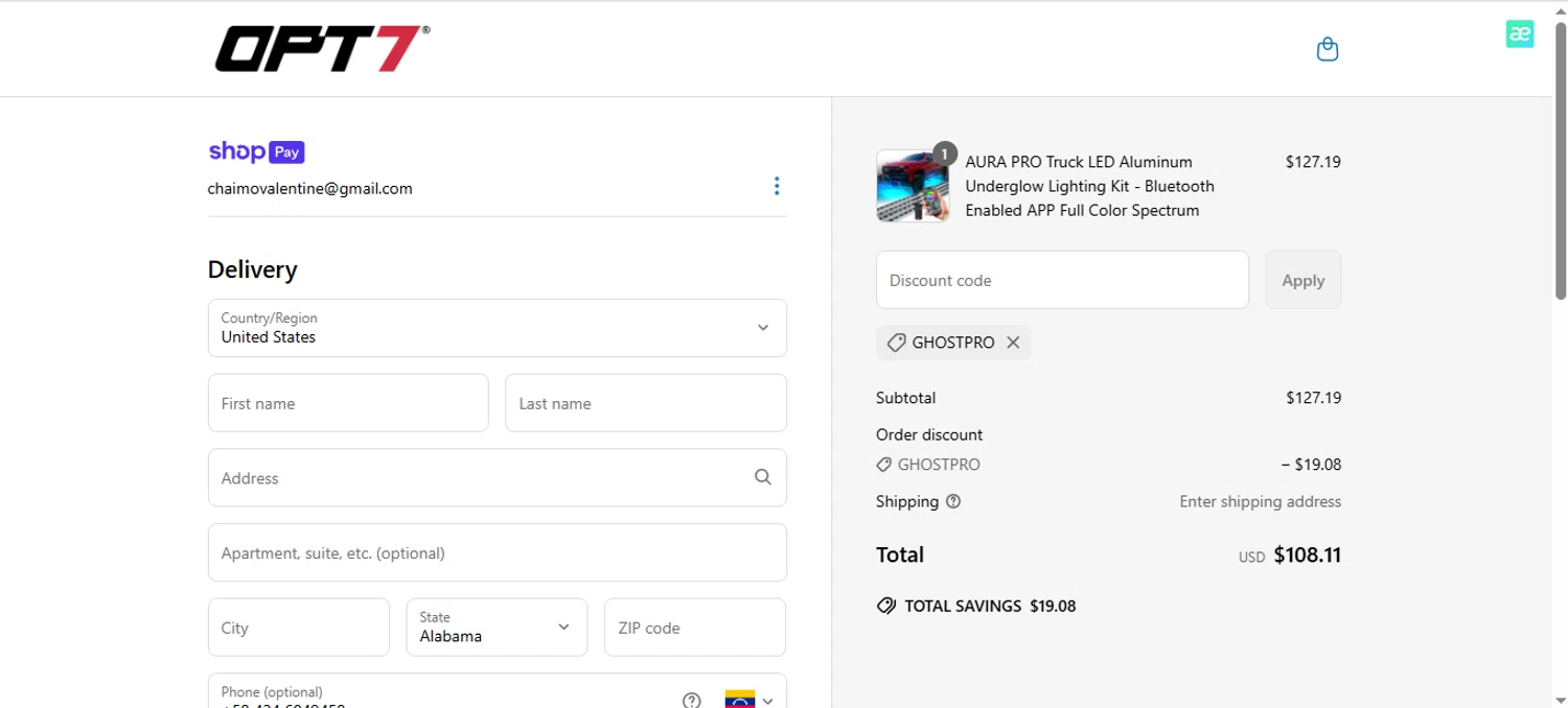 OPT7 Lighting promo code screenshot showing code GHOSTPRO applied at OPT7 Lighting checkout page. Uploaded by SimplyCodes community member FrugalHunter3134 on Jun 30, 2025