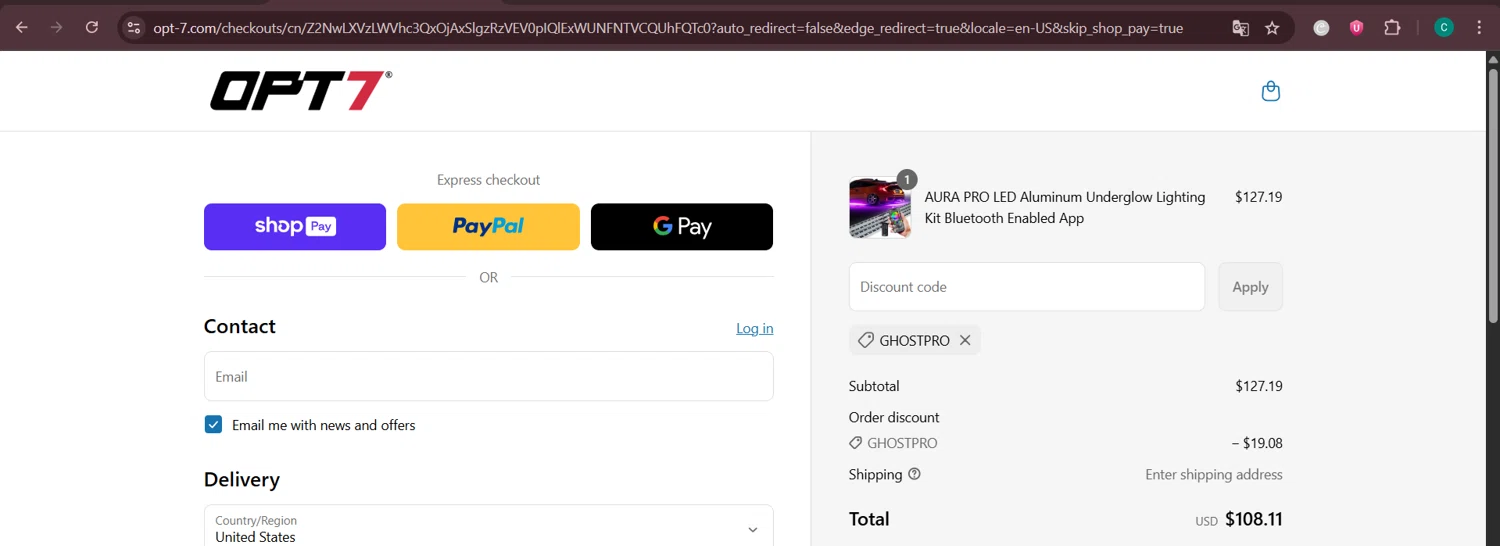 OPT7 Lighting promo code screenshot showing code GHOSTPRO applied at OPT7 Lighting checkout page. Uploaded by SimplyCodes community member Negritoo on Jun 17, 2025