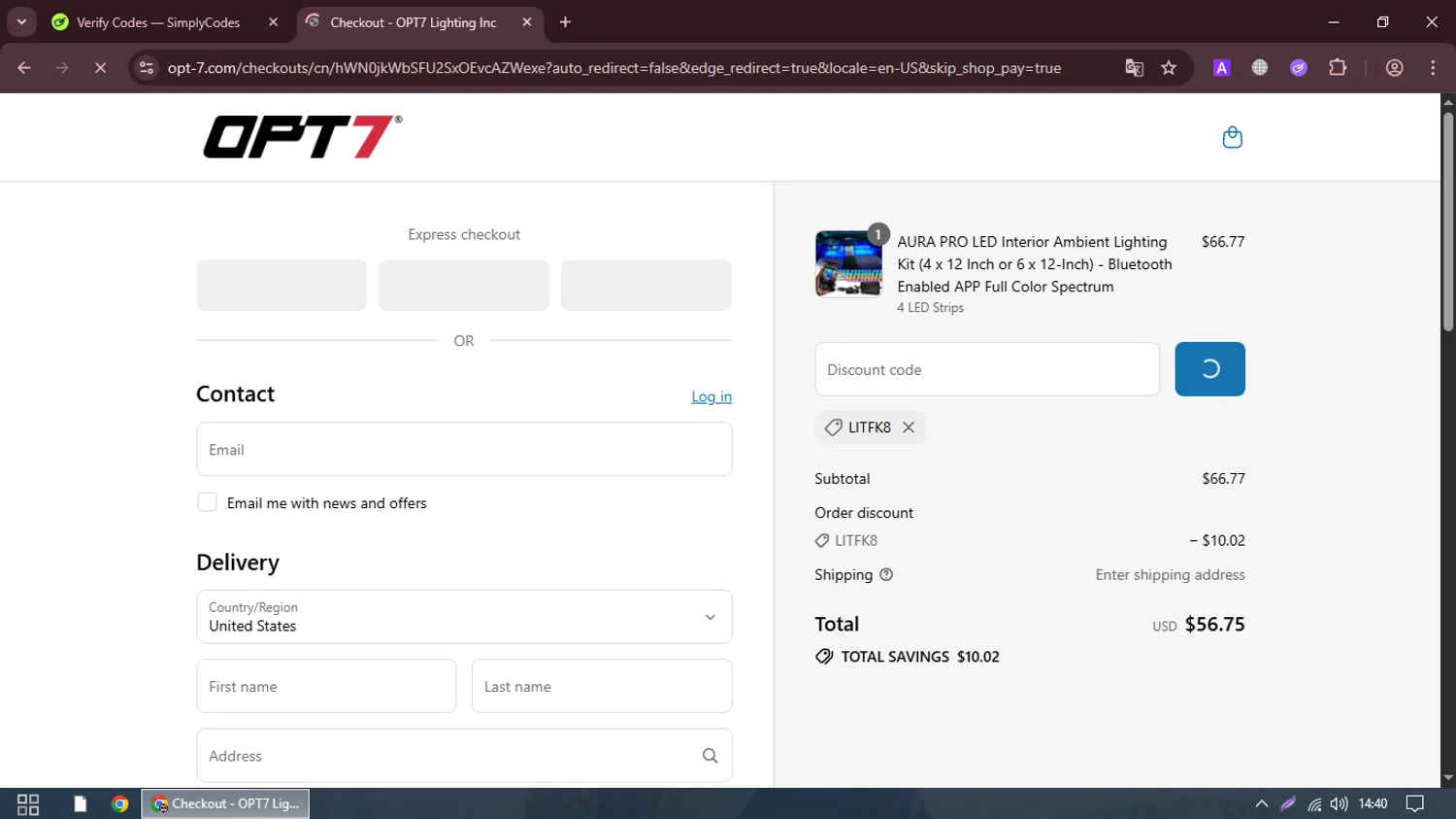 OPT7 Lighting promo code screenshot showing code Litfk8 applied at OPT7 Lighting checkout page. Uploaded by SimplyCodes community member DennyG on Jul 17, 2025