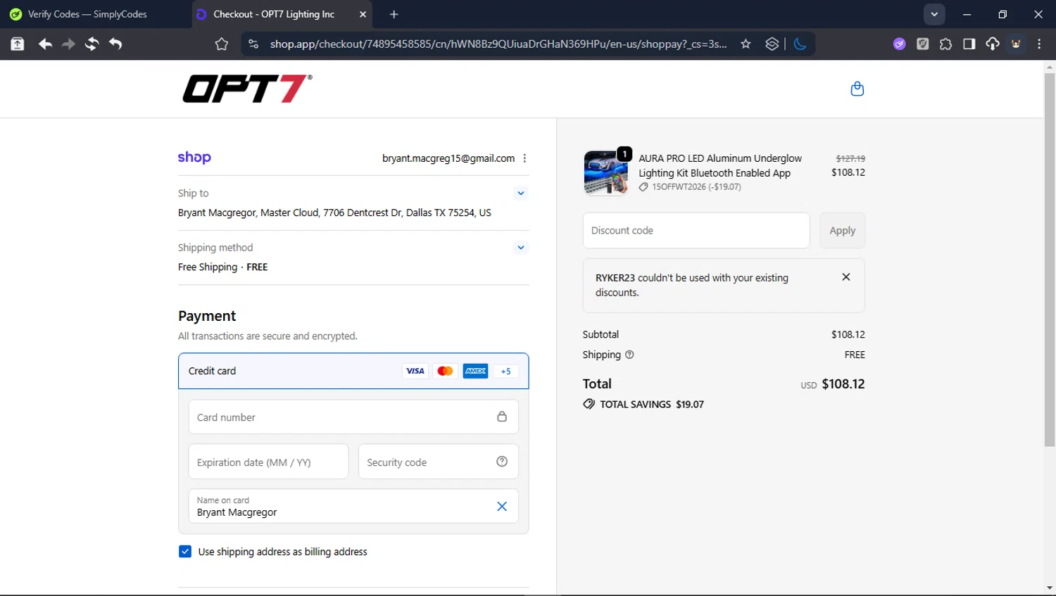 OPT7 Lighting promo code screenshot showing code RYKER23 applied at OPT7 Lighting checkout page. Uploaded by SimplyCodes community member BrilliantTitan6909 on Jan 30, 2026