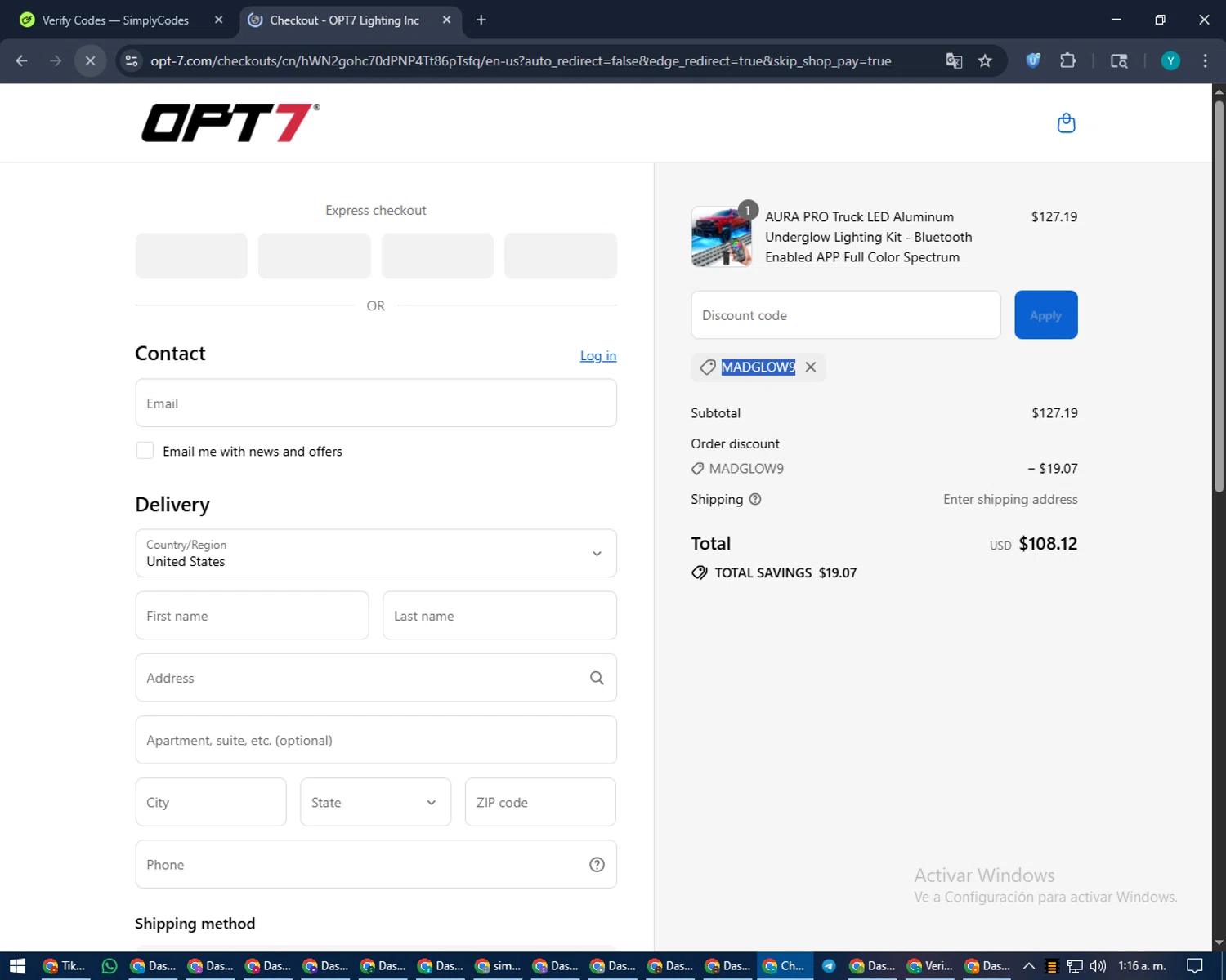 OPT7 Lighting promo code screenshot showing code Madglow9 applied at OPT7 Lighting checkout page. Uploaded by SimplyCodes community member RoyalEagle4794 on Sep 7, 2025