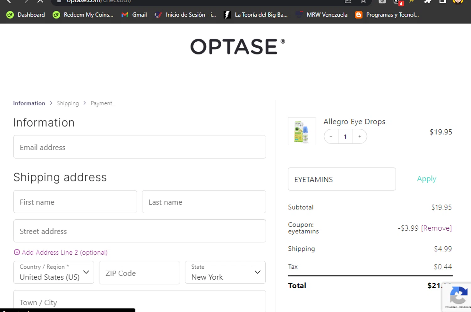Optase promo code screenshot showing code EYETAMINS applied at Optase checkout page. Uploaded by SimplyCodes community member QueTeImporta on Mar 20, 2025
