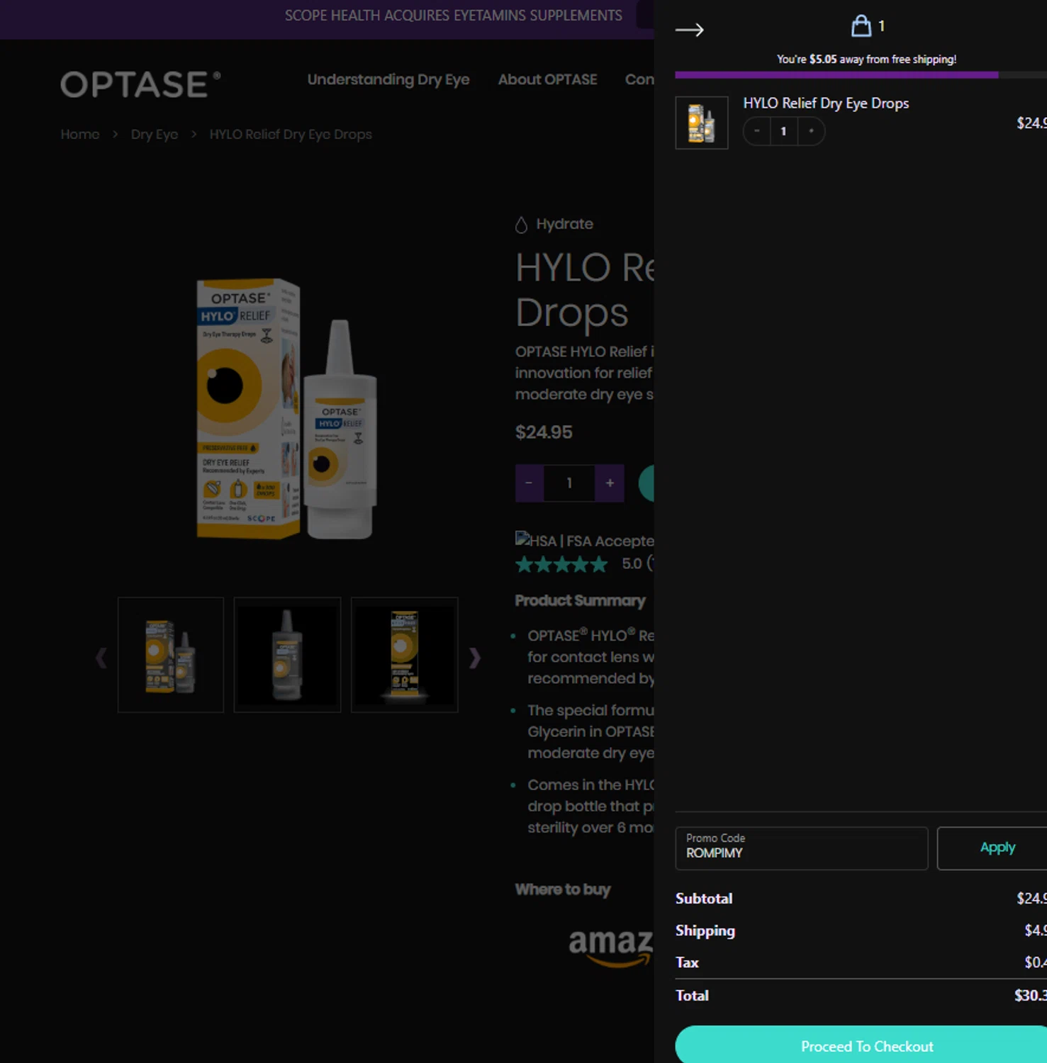 Optase promo code screenshot showing code EYETAMINS applied at Optase checkout page. Uploaded by SimplyCodes community member SpiderGwen on May 29, 2025