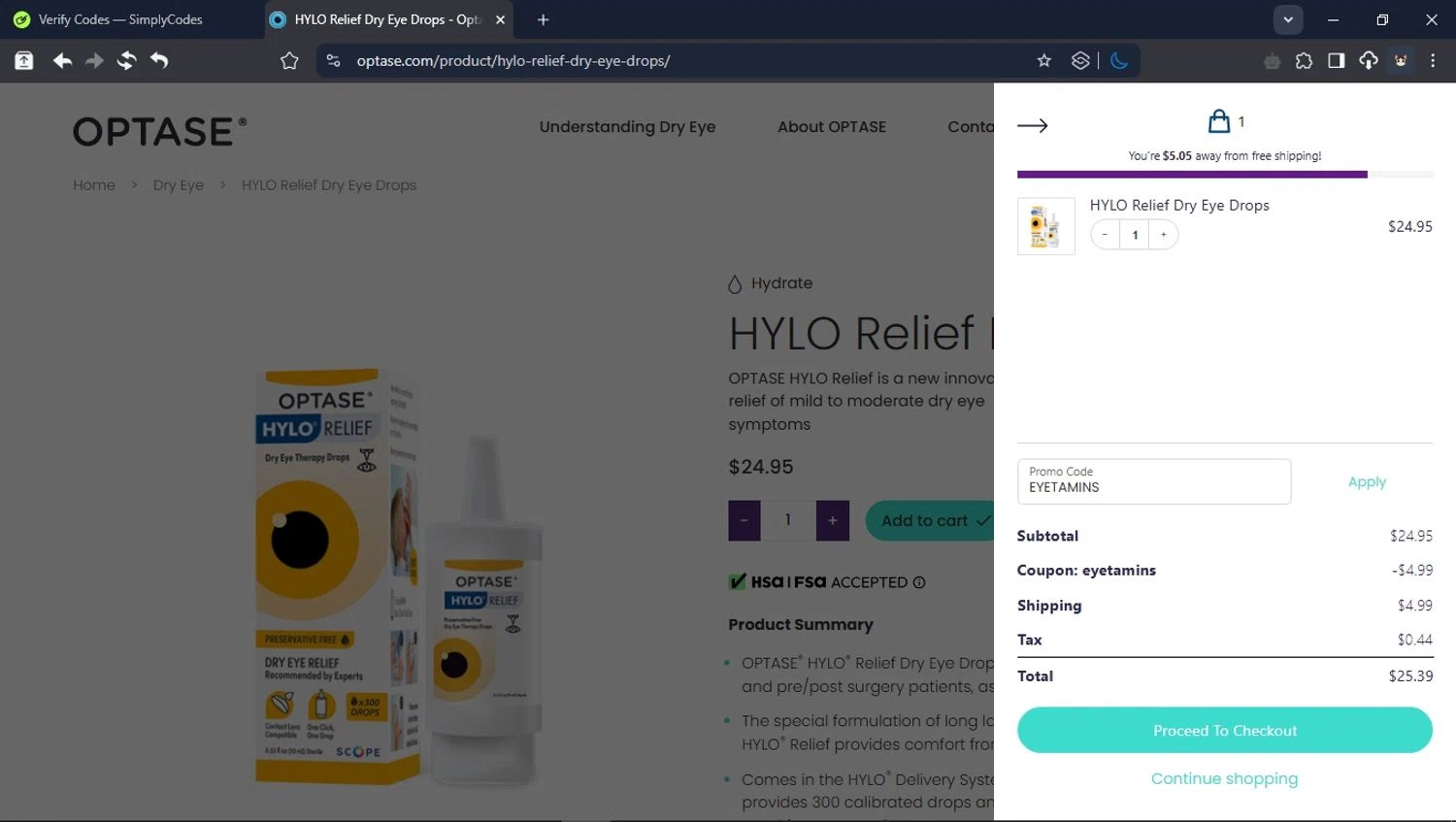 Optase promo code screenshot showing code EYETAMINS applied at Optase checkout page. Uploaded by SimplyCodes community member BrilliantTitan6909 on Apr 2, 2025