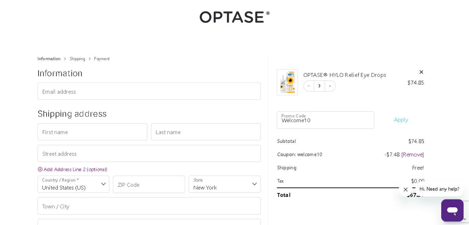 Optase promo code screenshot showing code Welcome10 applied at Optase checkout page. Uploaded by SimplyCodes community member GoldAce6962 on Dec 13, 2025