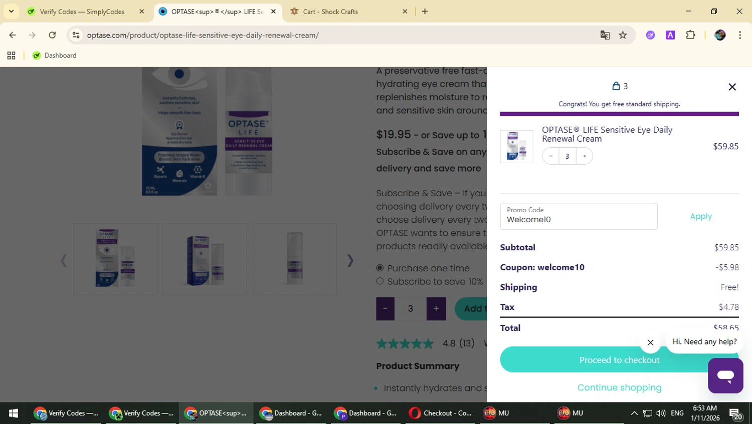 Optase checkout page showing Optase promo code box | Screenshot taken by SimplyCodes community member on Jan 11, 2026