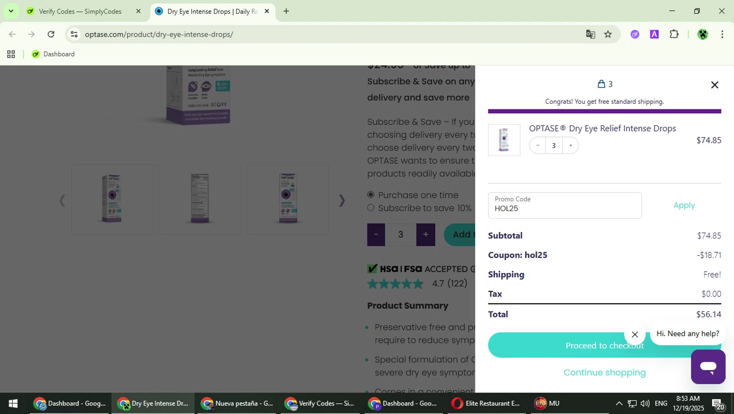 Optase checkout page showing Optase promo code box | Screenshot taken by SimplyCodes community member on Dec 19, 2025