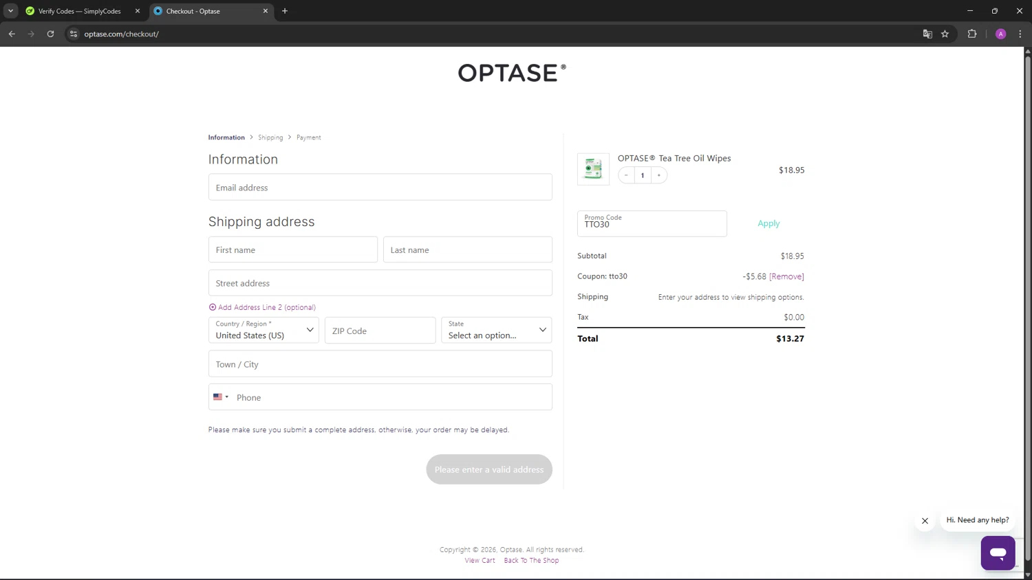 Optase checkout page showing Optase promo code box | Screenshot taken by SimplyCodes community member on Jan 27, 2026