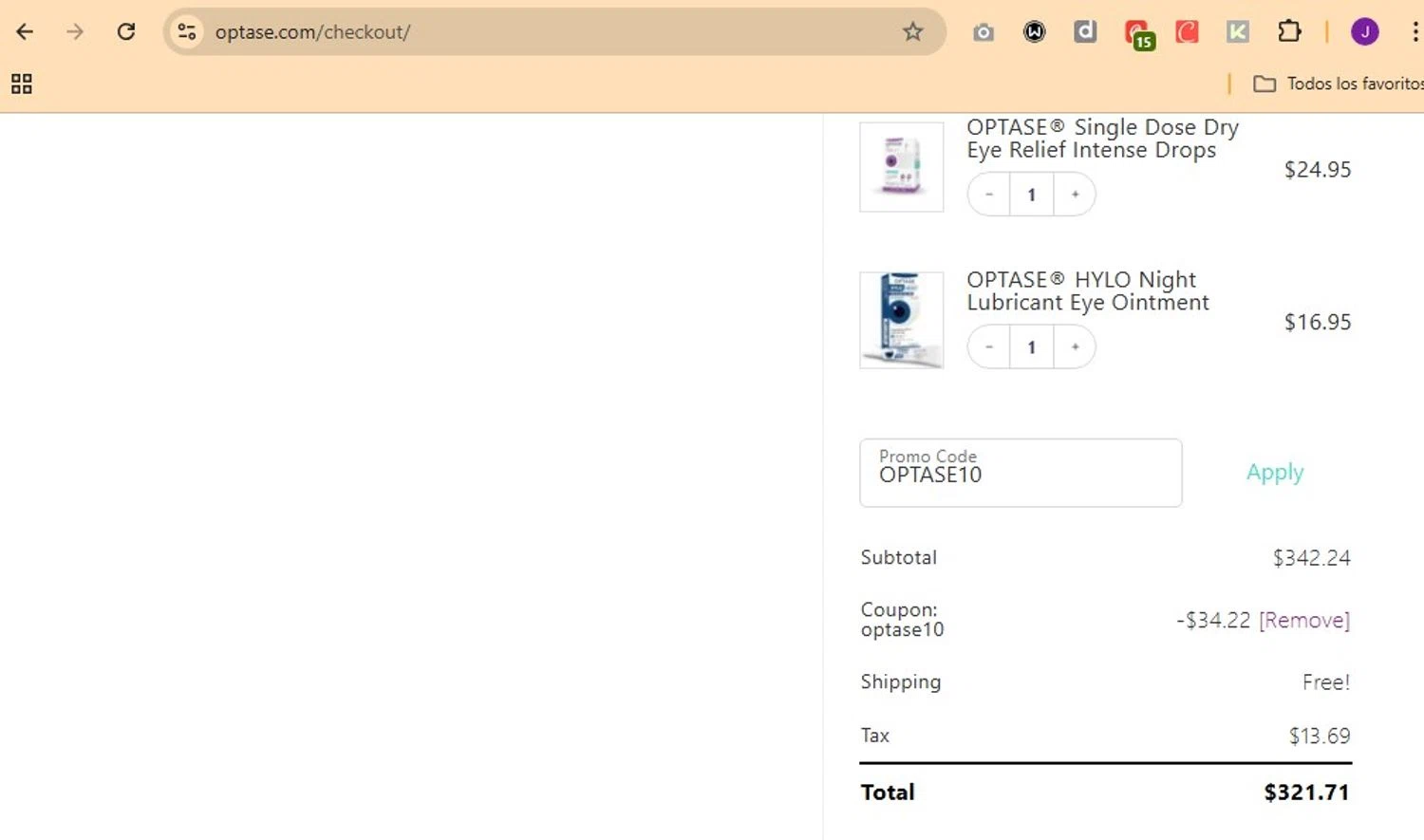 Optase promo code screenshot showing code OPTASE10 applied at Optase checkout page. Uploaded by SimplyCodes community member Elcompa on Nov 13, 2025