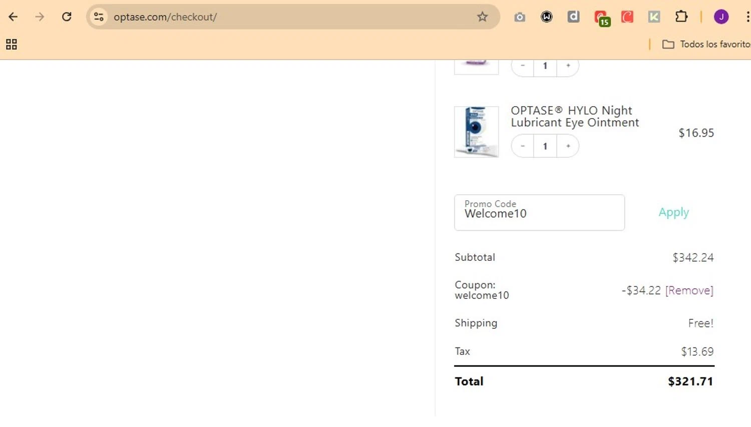 Optase promo code screenshot showing code Welcome10 applied at Optase checkout page. Uploaded by SimplyCodes community member Elcompa on Nov 13, 2025