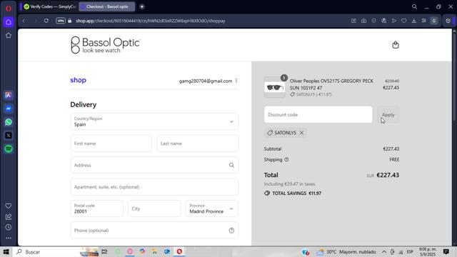 Bassol Optic checkout page showing Bassol Optic discount code box | Screenshot taken by SimplyCodes community member on Sep 5, 2025