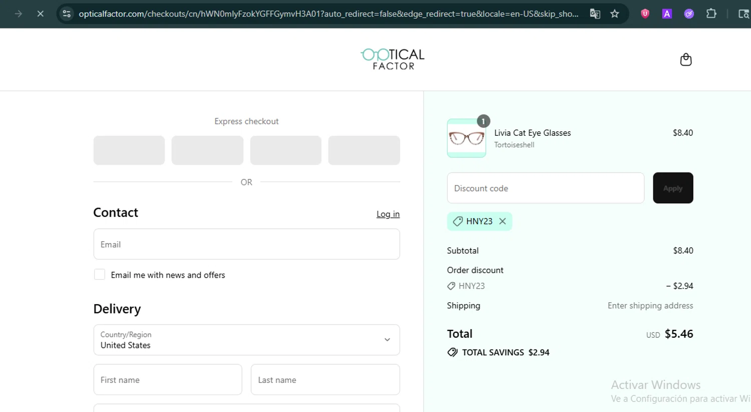 Optical Factor discount code screenshot showing code HNY23 applied at Optical Factor checkout page. Uploaded by SimplyCodes community member CleverNavigator9655 on Jul 19, 2025