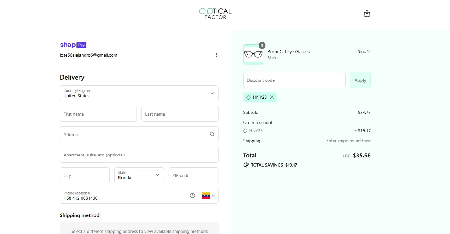 Optical Factor discount code screenshot showing code HNY23 applied at Optical Factor checkout page. Uploaded by SimplyCodes community member Kmacho on Jul 19, 2025