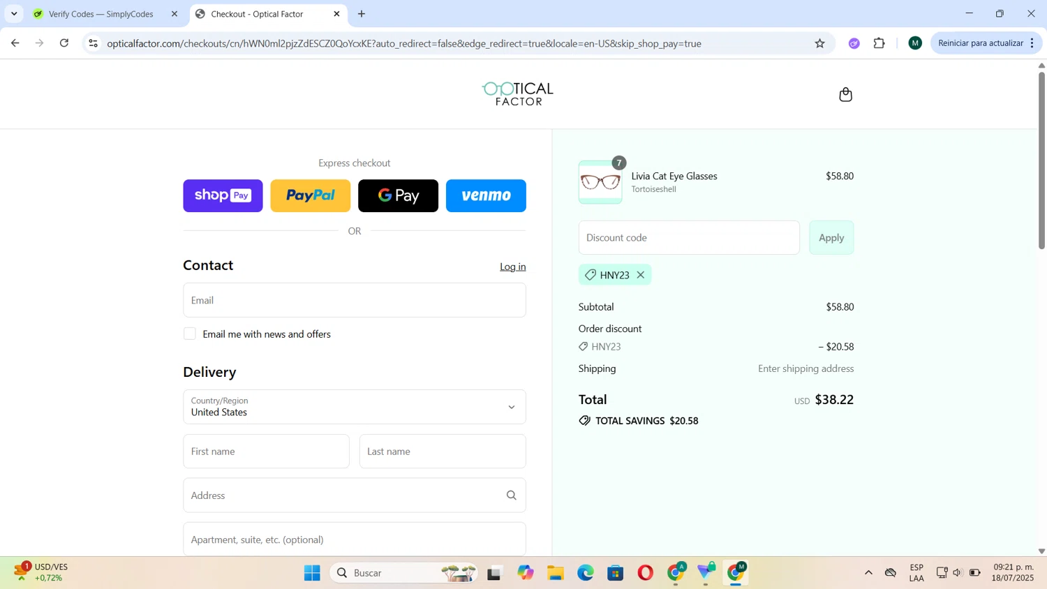 Optical Factor discount code screenshot showing code HNY23 applied at Optical Factor checkout page. Uploaded by SimplyCodes community member Tortu_1 on Jul 19, 2025