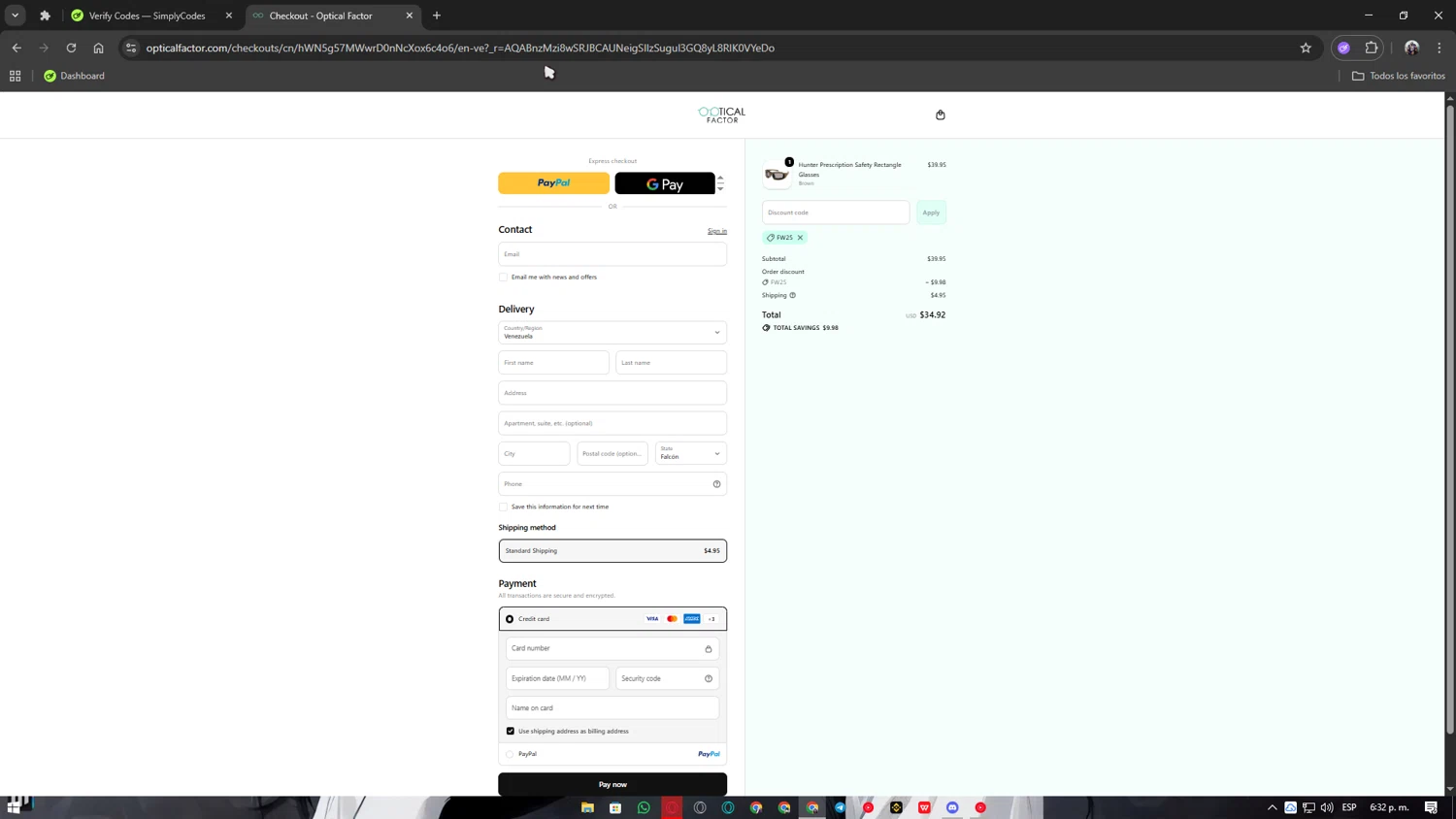 Optical Factor discount code screenshot showing code fw25 applied at Optical Factor checkout page. Uploaded by SimplyCodes community member LuckyAce8014 on Nov 24, 2025