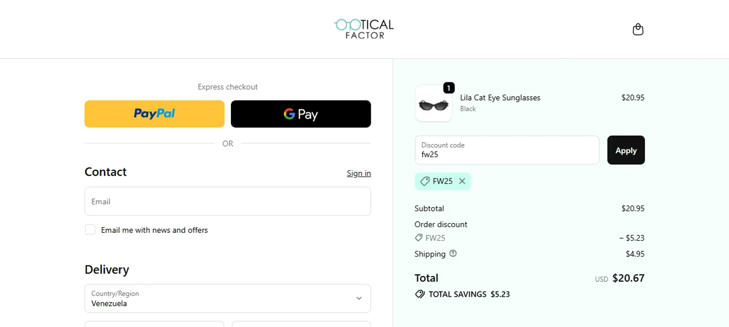 Optical Factor discount code screenshot showing code fw25 applied at Optical Factor checkout page. Uploaded by SimplyCodes community member Myrulesmagazine23 on Nov 19, 2025