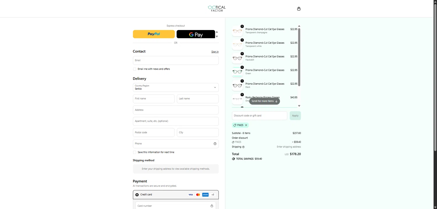 Optical Factor checkout page showing Optical Factor discount code box | Screenshot taken by SimplyCodes community member on Feb 9, 2026