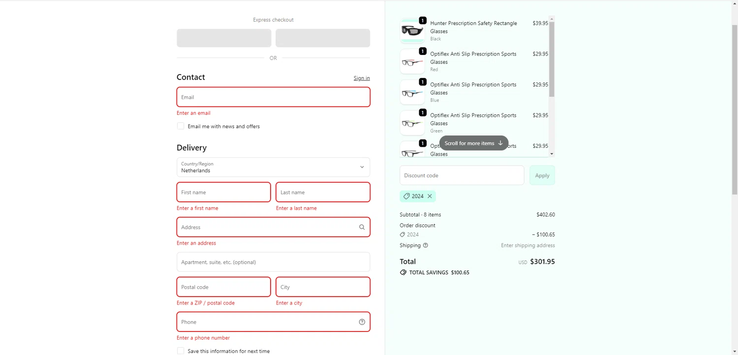 Optical Factor discount code screenshot showing code 2024 applied at Optical Factor checkout page. Uploaded by SimplyCodes community member ThriftyPhoenix5129 on Oct 23, 2025