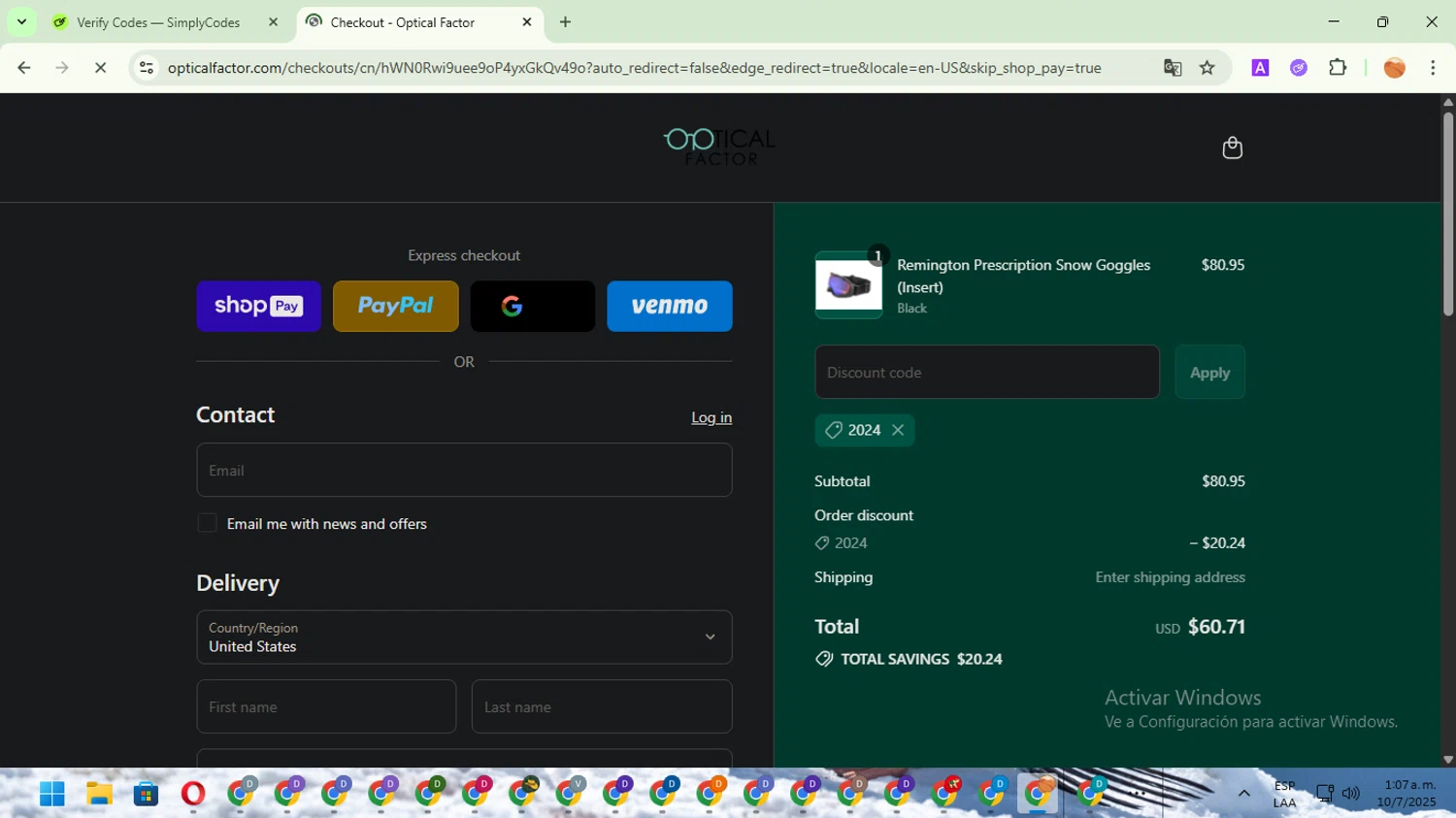 Optical Factor discount code screenshot showing code 2024 applied at Optical Factor checkout page. Uploaded by SimplyCodes community member TreasureSentinel5290 on Jul 10, 2025