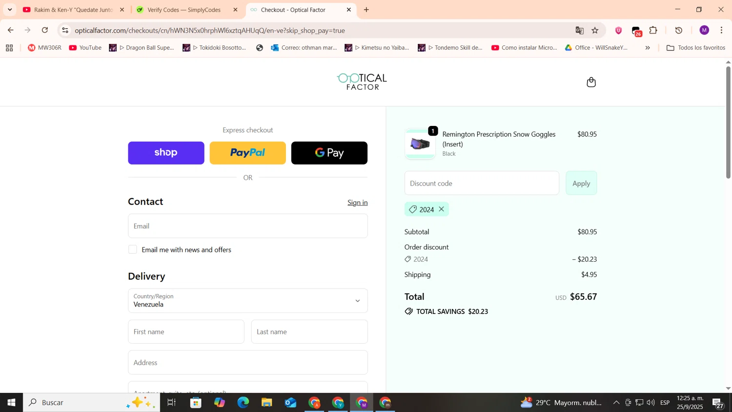 Optical Factor discount code screenshot showing code 2024 applied at Optical Factor checkout page. Uploaded by SimplyCodes community member cod_gakpo on Sep 25, 2025