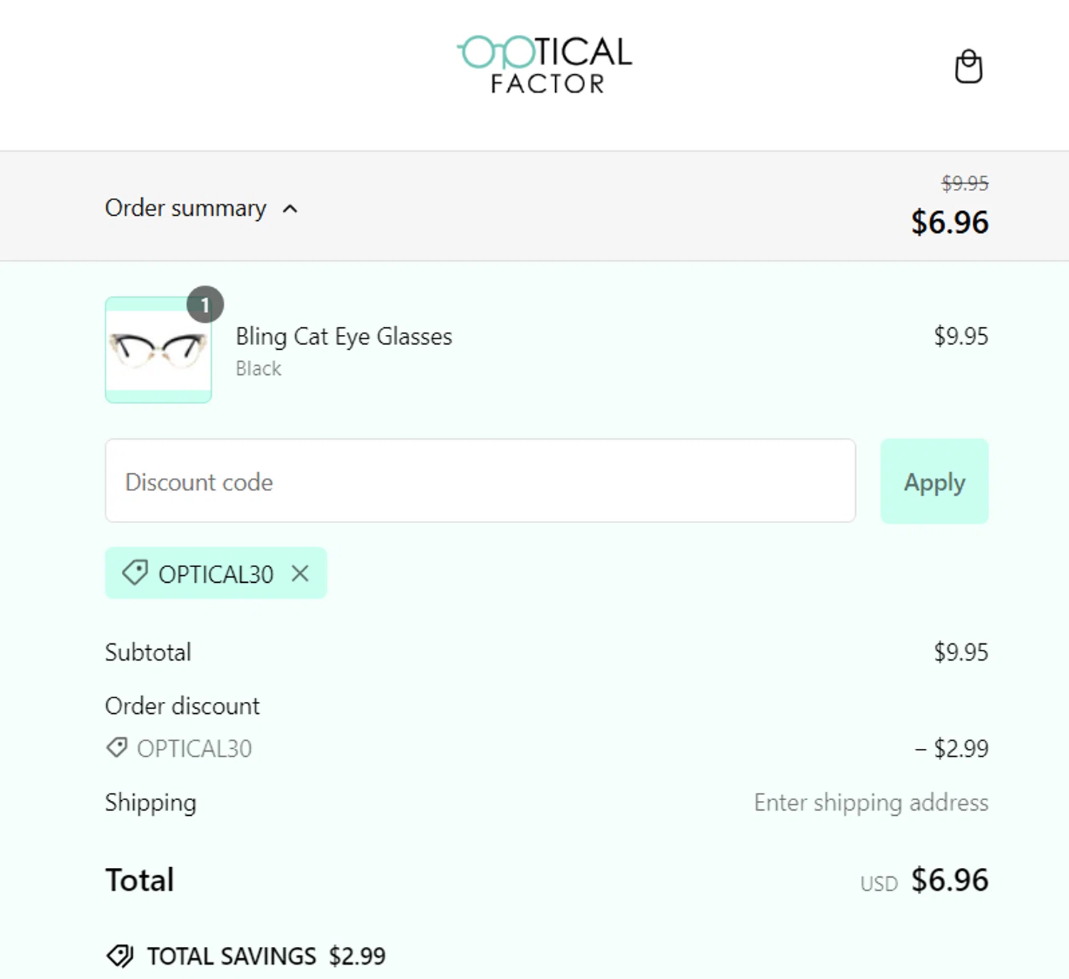 Optical Factor discount code screenshot showing code OPTICAL30 applied at Optical Factor checkout page. Uploaded by SimplyCodes community member RichterBelmont on Jan 7, 2025