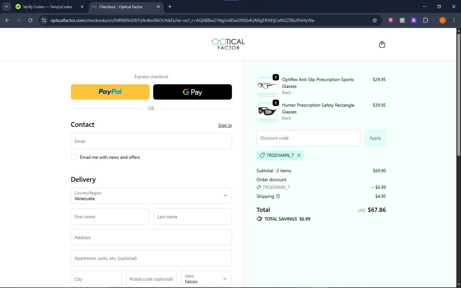 Optical Factor discount code screenshot showing code TRGDYANN_7 applied at Optical Factor checkout page. Uploaded by SimplyCodes community member ShrewdCaptain9911 on Dec 16, 2025
