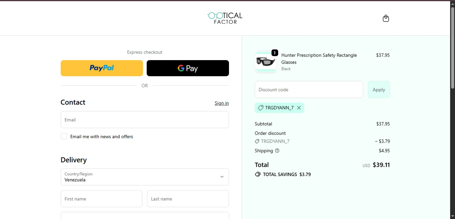 Optical Factor discount code screenshot showing code TRGDYANN_7 applied at Optical Factor checkout page. Uploaded by SimplyCodes community member ValiantMaverick169 on Nov 14, 2025