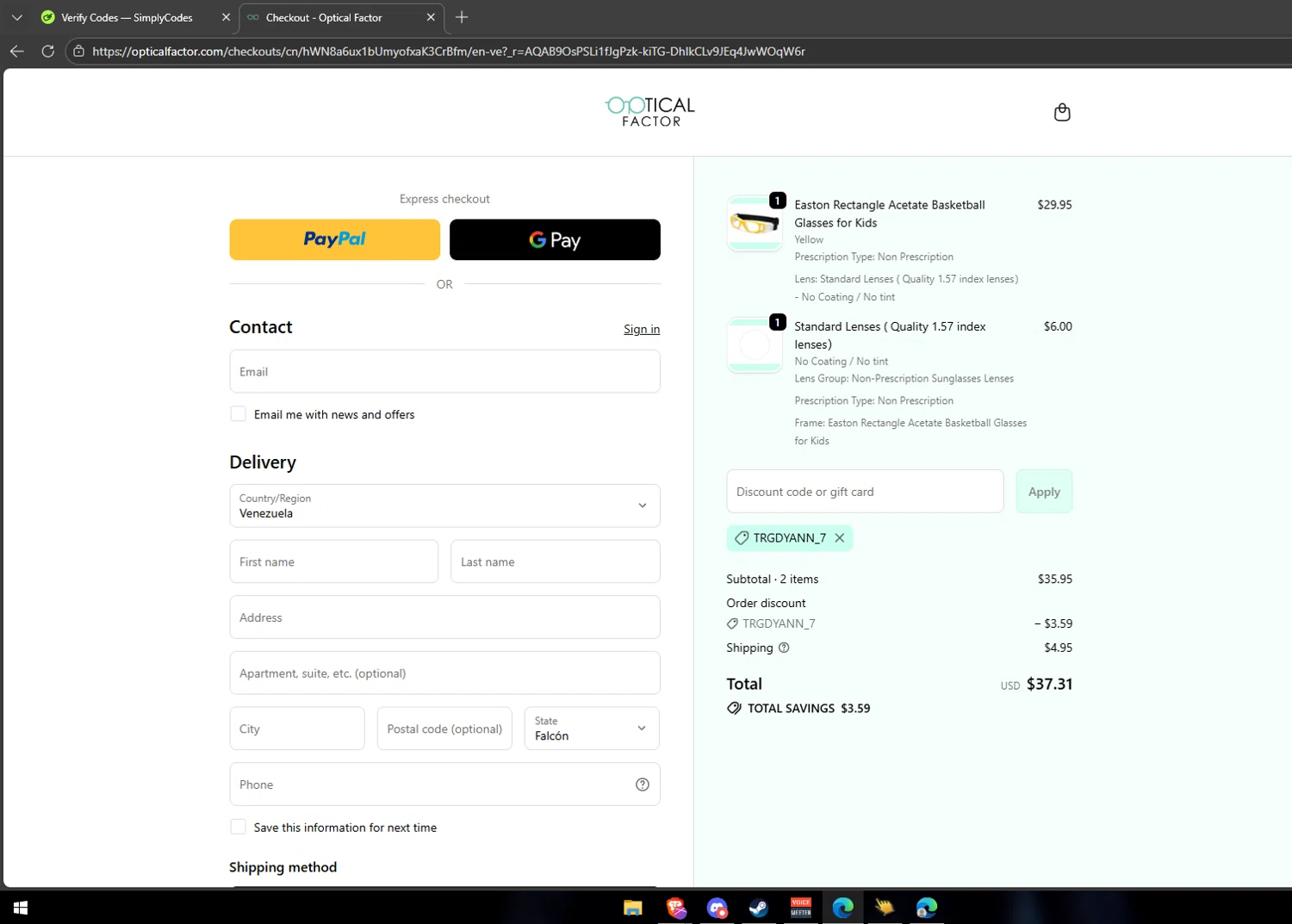 Optical Factor checkout page showing Optical Factor discount code box | Screenshot taken by SimplyCodes community member on Feb 9, 2026