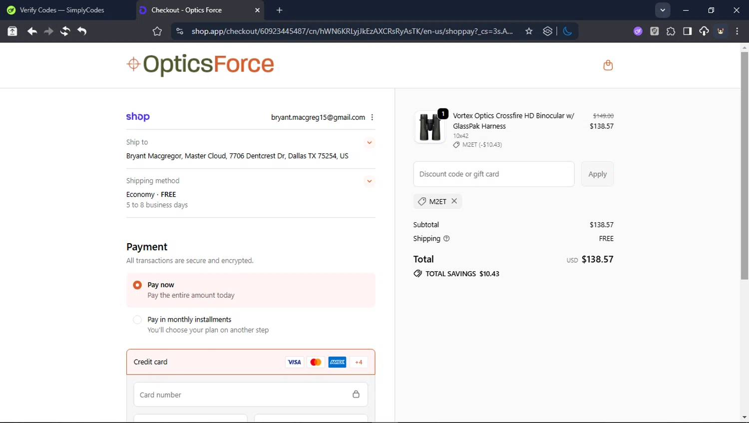 Optics Force discount code screenshot showing code M2ET applied at Optics Force checkout page. Uploaded by SimplyCodes community member BrilliantTitan6909 on Dec 12, 2025