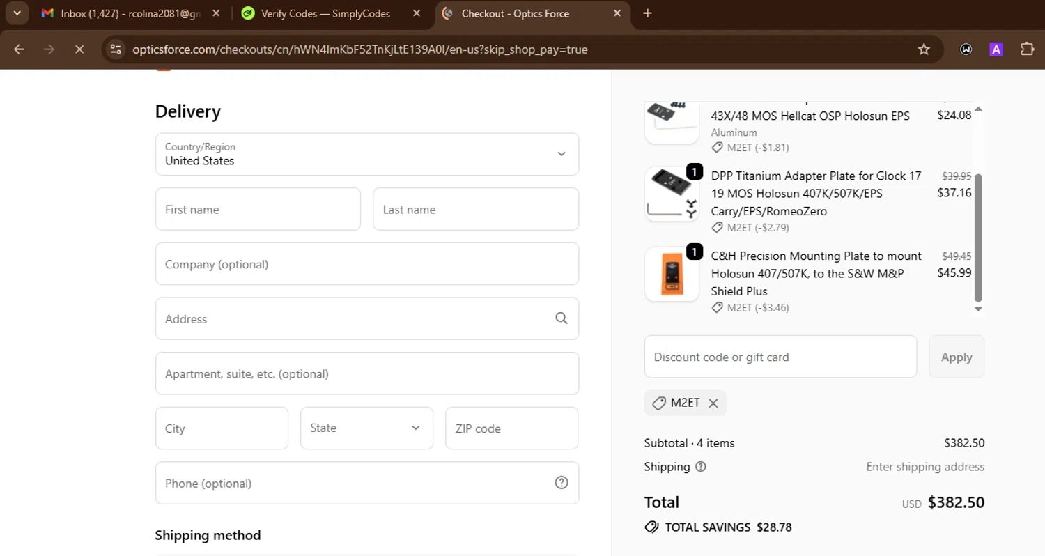 Optics Force discount code screenshot showing code M2ET applied at Optics Force checkout page. Uploaded by SimplyCodes community member SnoopDogg on Oct 19, 2025