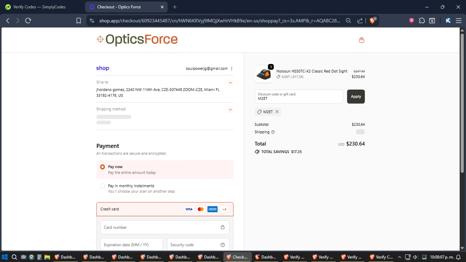 Optics Force discount code screenshot showing code M2ET applied at Optics Force checkout page. Uploaded by SimplyCodes community member jhordano on Dec 12, 2025