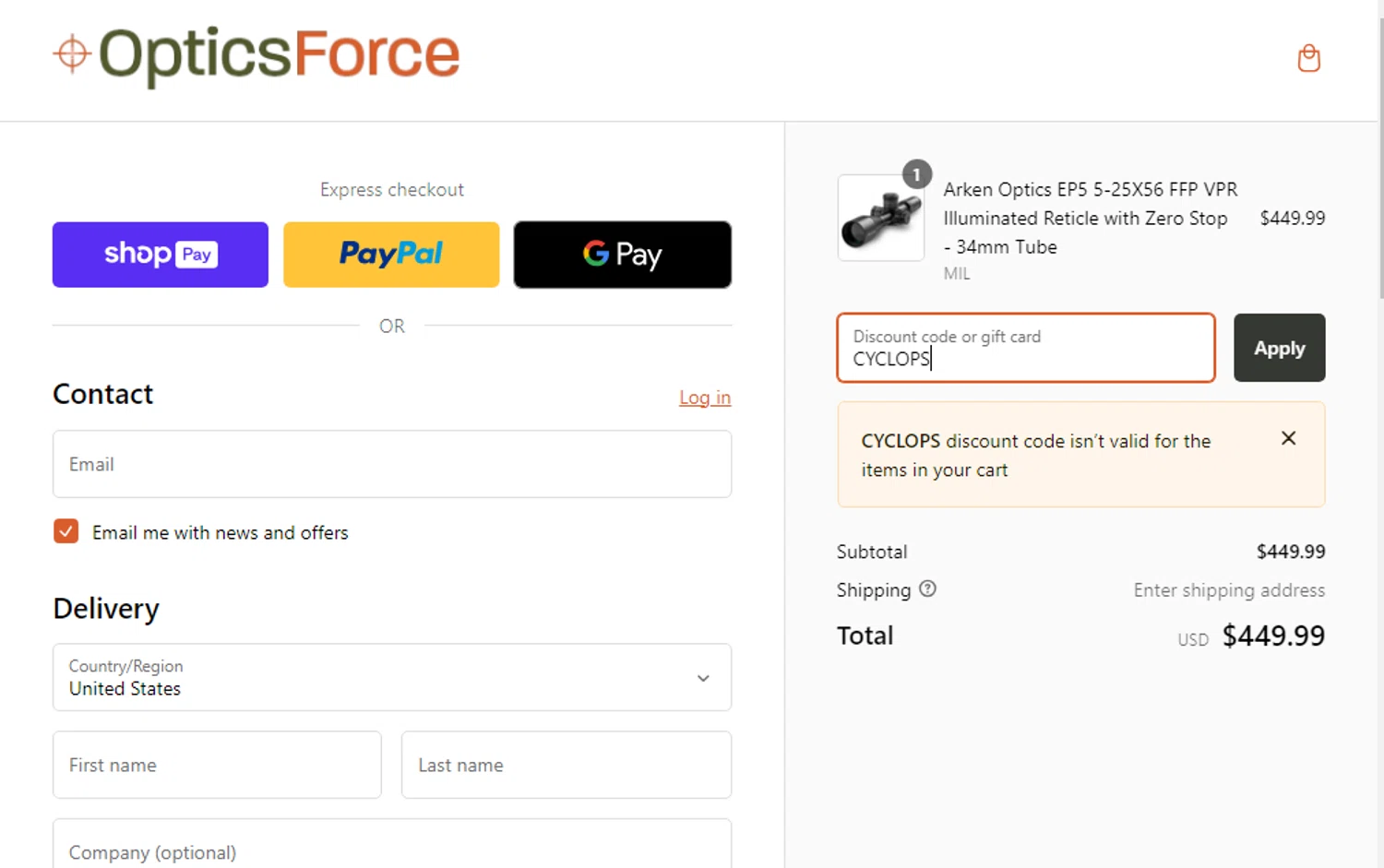 where to use OpticsForce promo code box
