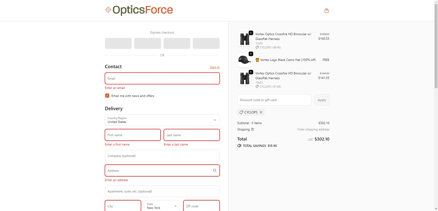 Optics Force discount code screenshot showing code CYCLOPS applied at Optics Force checkout page. Uploaded by SimplyCodes community member NobleMaestro6498 on Oct 19, 2025