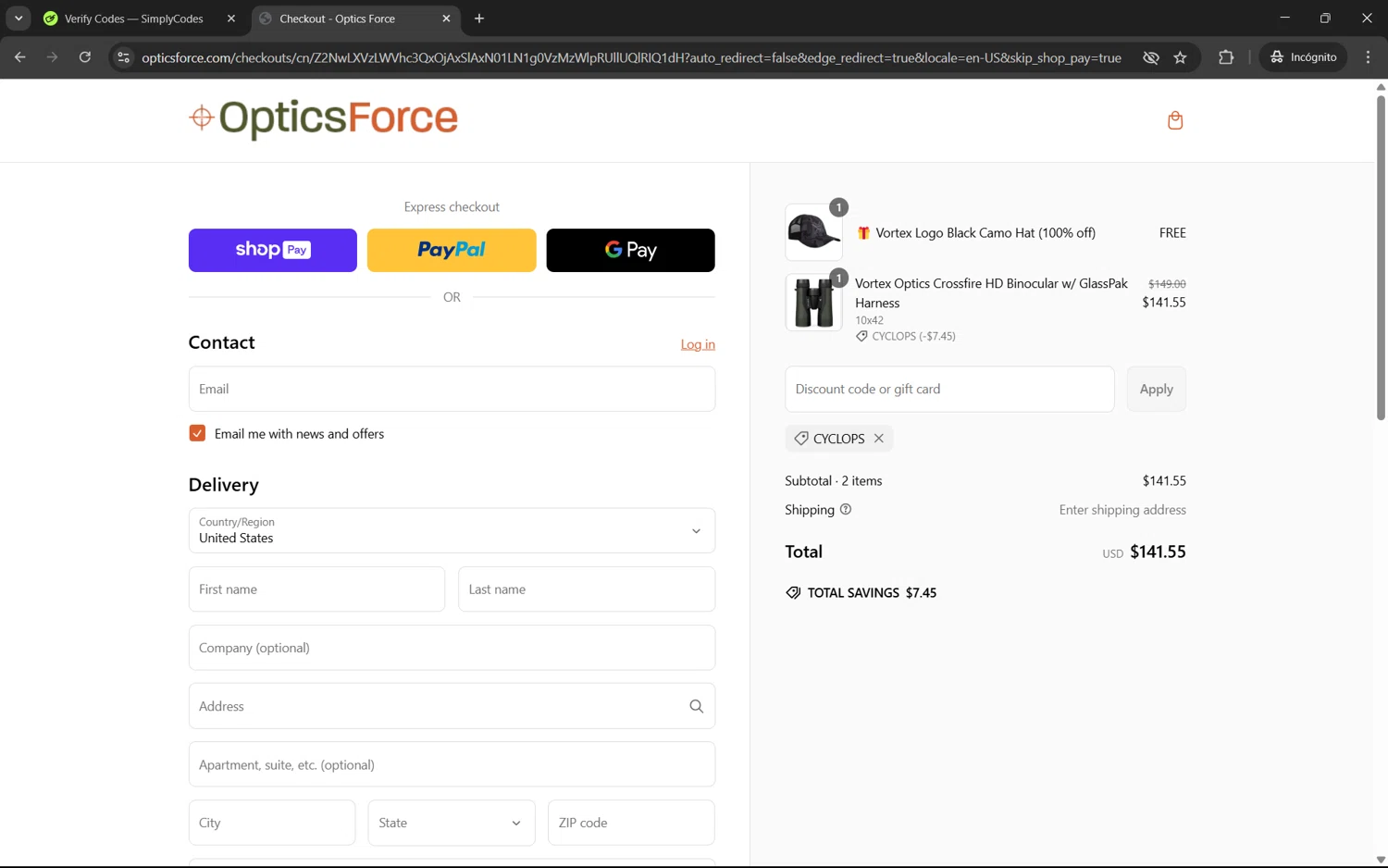 Optics Force discount code screenshot showing code CYCLOPS applied at Optics Force checkout page. Uploaded by SimplyCodes community member juan1702 on Mar 10, 2025