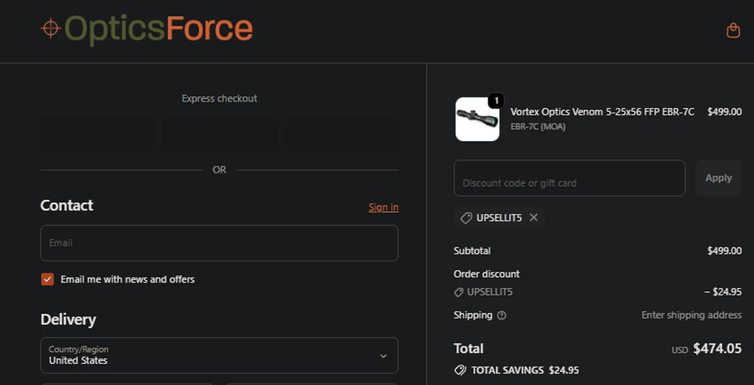 Optics Force discount code screenshot showing code UPSELLIT5 applied at Optics Force checkout page. Uploaded by SimplyCodes community member SpiderGwen on Sep 30, 2025