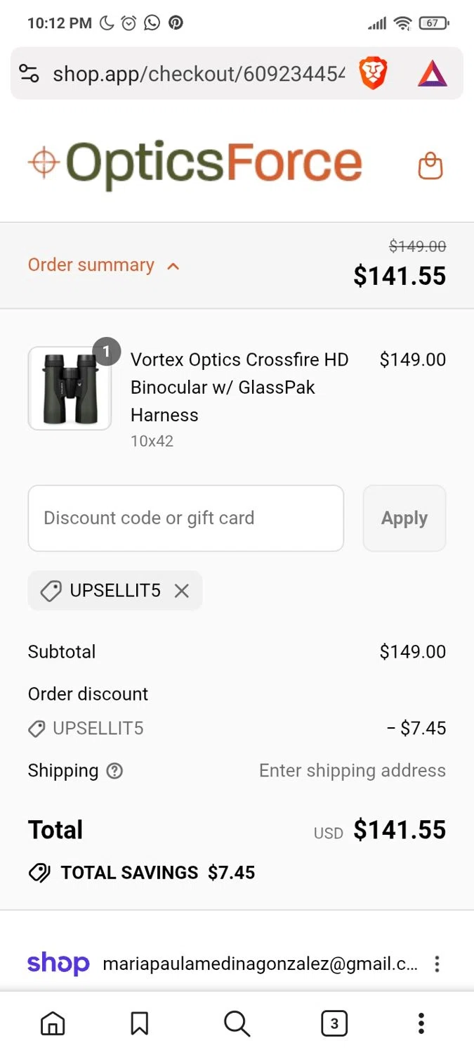 Optics Force discount code screenshot showing code UPSELLIT5 applied at Optics Force checkout page. Uploaded by SimplyCodes community member Yarialmys2020 on Sep 13, 2025